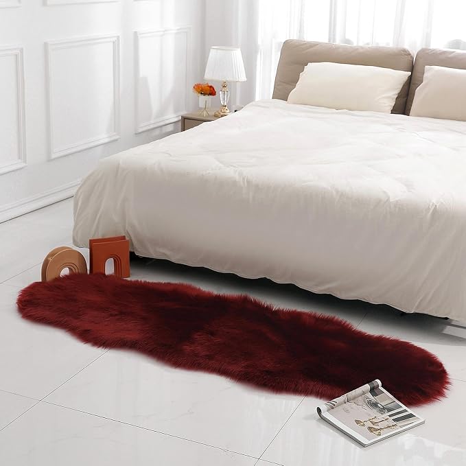 linmopm Faux Fur Rug Sheepskin Shag Fluffy Fuzzy Red 2x6 ft Runner Rugs for Bedroom Bedside Bed Floor Living Room Plush High-Density Cushion Carpet Super Sofa Cover | Shag Fluffy Fuzzy, High-Density Cushion, For Bedroom Bedside Living Room, Plush Carpet