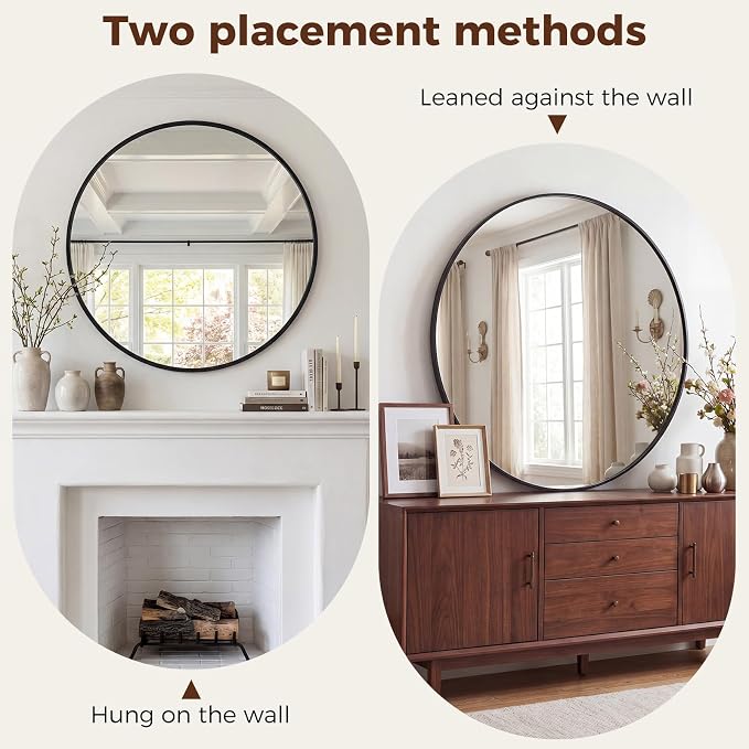 NEWBULIG 30 Inch Round Wall Mirror, Bathroom Mirrors for Over Sink, Matte Metal Framed Circle Vanity Mirror, Wall Decor for Bedroom, Anti-Rust, Tempered Glass, Hanging or Leaning, Classic Black