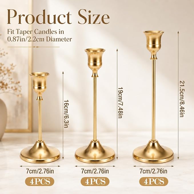 12 Pcs Brass Gold Taper Candle Holders Set, Tall Taper Candlestick Holders Vintage Metal Candle Stick Holder for Wedding Party Table Centerpiece Festive Christmas Mantel Decoration, Gold