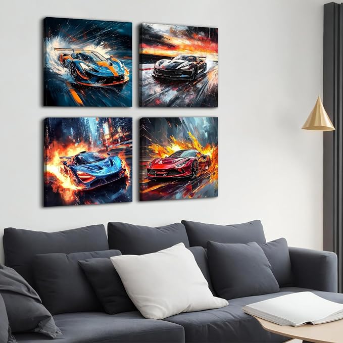 Racing Art Prints Boys Bedroom Cool Car Posters Super Car Painting for Living Room Enthusiast Gift for Men Man Cave Home Decoration Game Room Lamborghini McLaren Ferrari Bugatti Wall Decor 20x20" 4Pcs