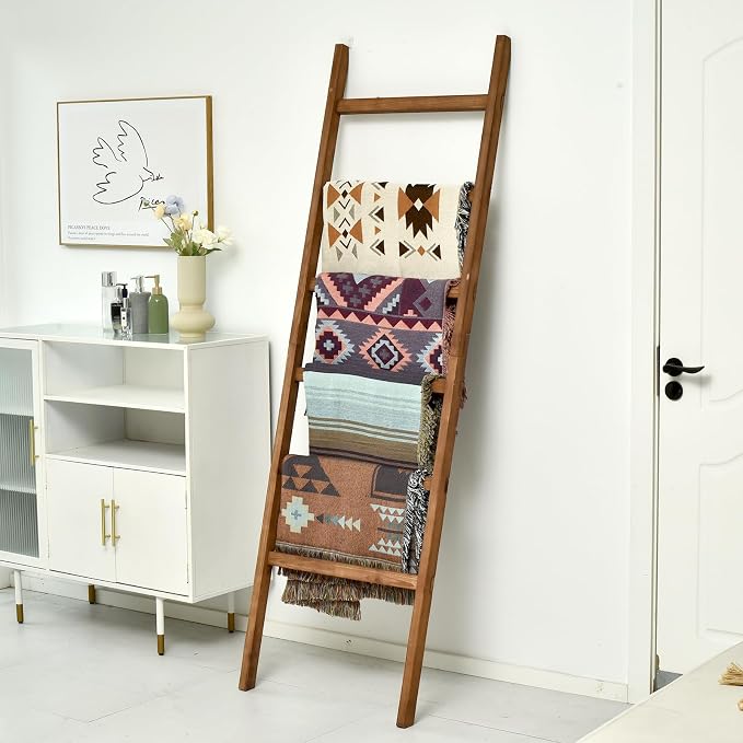 FUIN Blanket Ladder, 24in Wide Rustic Solid Wood Decor Rack, Brown | 6.4 ft high and 6 rungs, farmhouse quilt display holder, organize towel and scarf, leaning wall, bathroom and living room use