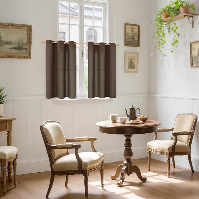 YoungsTex Brown Linen Curtains 40 Inch Length, Short Drapes Light Filtering Semi Sheer with Grommet for Kitchen Bathroom Window, 42 x 40 Inch, 2 Panels