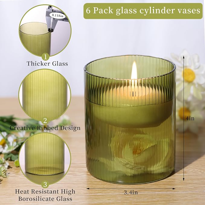6 Green Ribbed Cylinder Glass Vases for Wedding Centerpieces & Table Decor | Green Ribbed Borosilicate Glass Vases Bulk, Hurricane Candle Holders for Wedding Centerpieces & Home Decor