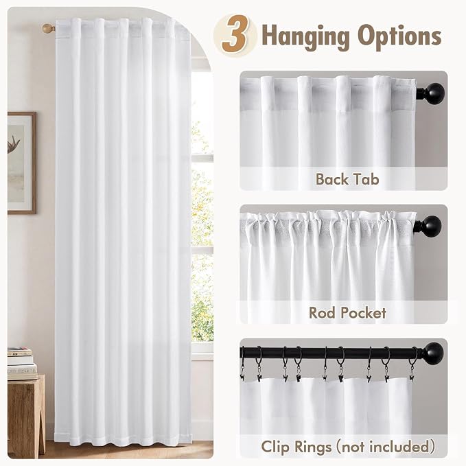 MIULEE Faux Linen Curtains 90 Inch Length 2 Panels Natural White Semi Sheer Curtain with Back Tab Rod Pocket, Light Filtering Window Privacy Burlap Drapes for Living Room Bedroom 42W x 90L