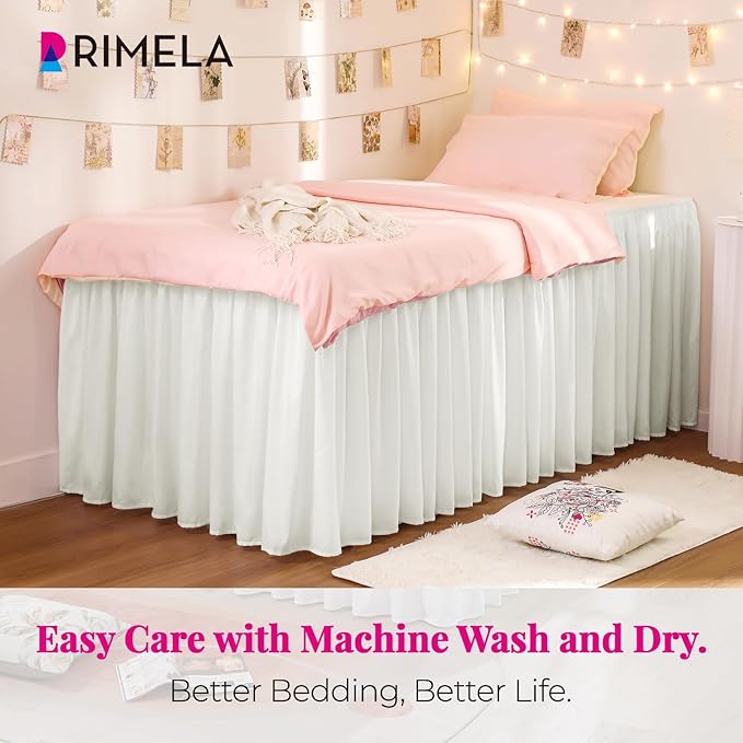 Dorm Bed Skirt Twin XL 42" Drop, College Dorm Essentials, Warm White | Solid ruffled, Wrap-around/elastic, Wrinkle & Fade resistant, with Adhesive Strips, Gift Packed, Machine Wash/Tumble Dry/Iron