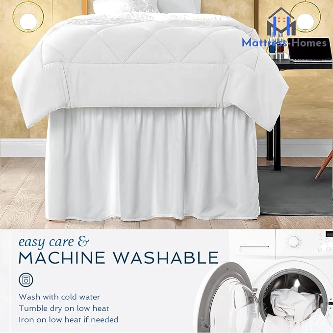 Mattress-Homes Dorm Bed Skirt Twin XL 42 Inch Drop College Beds Twin Extra Long White Microfiber Ruffled Tailored with Split Corners Wrap Around Dust Ruffle for Lofted College Beds