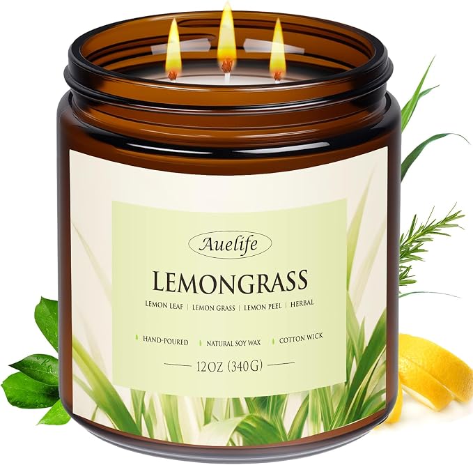 Lemongrass Scented Candle, 3-Wick Jar Candle,12oz Natural Soy Wax | Indoor & Outdoor Use; Fresh Lemongrass Fragrance; 50 Hour Burn; Patio, Camping & Garden; Summer Gift