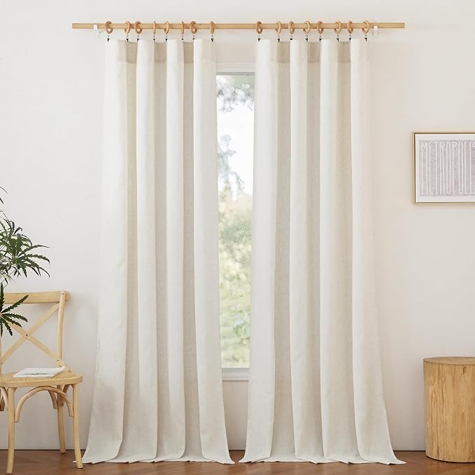 NICETOWN Natural Linen Bedroom Curtains 102 inches Long, Rod Pocket & Back Tab Thick Flax Window Treatments Privacy Assured with Light Filtering for Living Room, W55 x L102, 2 Panels