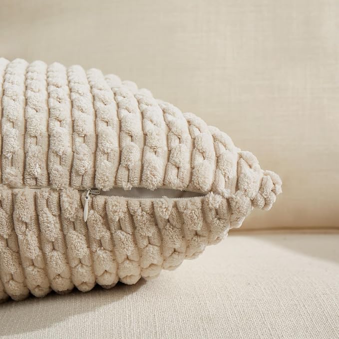 Fancy Homi 2 Packs Tan Decorative Throw Pillow Covers 22x22 Inch for Couch Bed Sofa, Modern Farmhouse Boho Home Decor, Soft Cute Plush Corduroy Cushion Case 55x55 CM