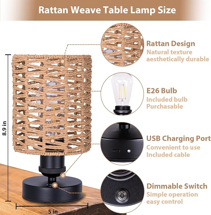 Cordless Outdoor Table Lamps, Small Rattan Boho, Rechargeable Battery Operated for Outdoor Patio, Home, Living Room, Bedroom, Bedside - Set of 2 (Beige-B)