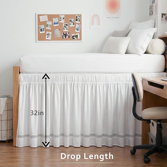 MIYE Dorm Bed Skirt, Extra Long Dust Ruffle with Elastic Adjustable Belts, Easy to Put On, Machine Washable (Ruffled Lace/White, Twin/TwinXL-32 Drop)