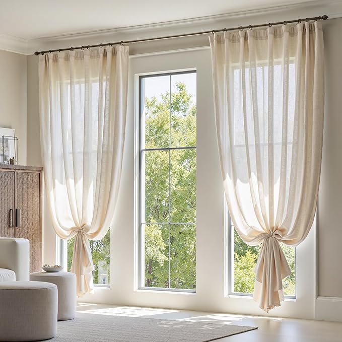 jinchan Linen Curtains Light Filtering Back Tab 100x120 Inch 1 Panel Beige | Semi Sheer Curtains 120 inch length for Bedroom Living Room, Modern Farmhouse Drapes with Rod Pocket, Natural Boho Curtains