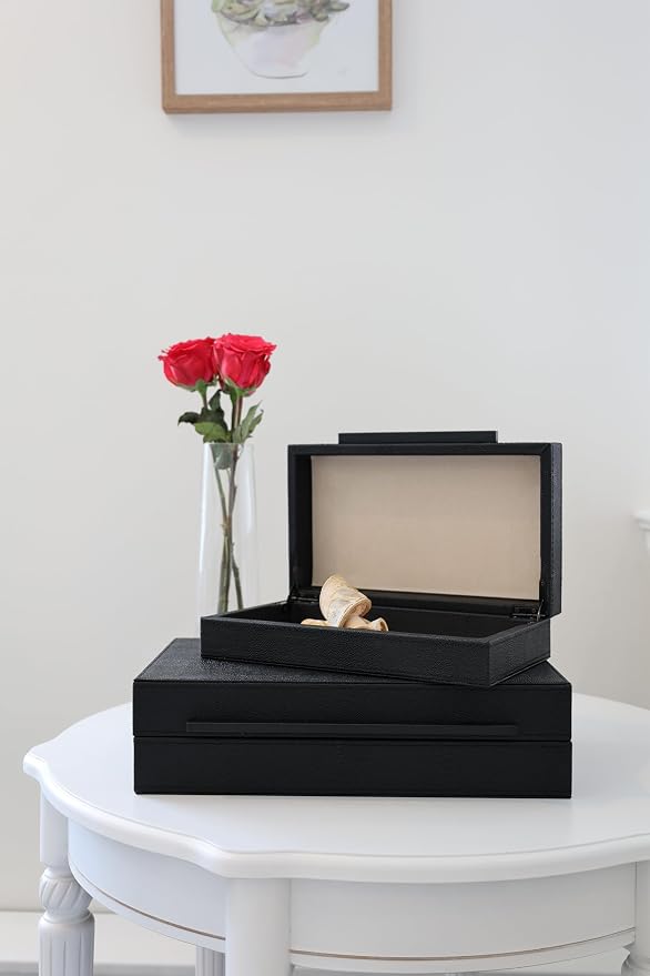 Set of 2 Decorative Boxes With Black Metal Handles，PU Faux Leather Jewelry Boxes Modern Storgage Boxes With Lids Keepsake And Memory Boxes,Home Organizer Box (Black-Black, 2pack)