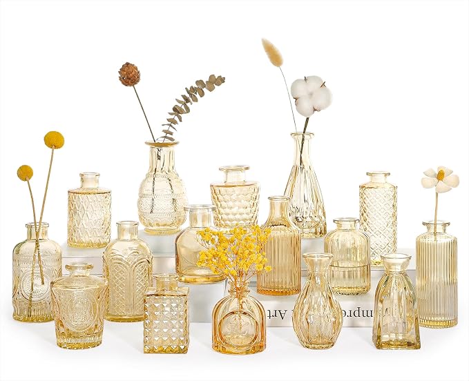 SUPMIND 16Pcs Amber Bud Vases Set, Small Glass Vases Bulk for Centerpieces | Mini Vintage Flower Vases for Wedding, Home Decor, Autumn Fall Decoration - Gold Amber