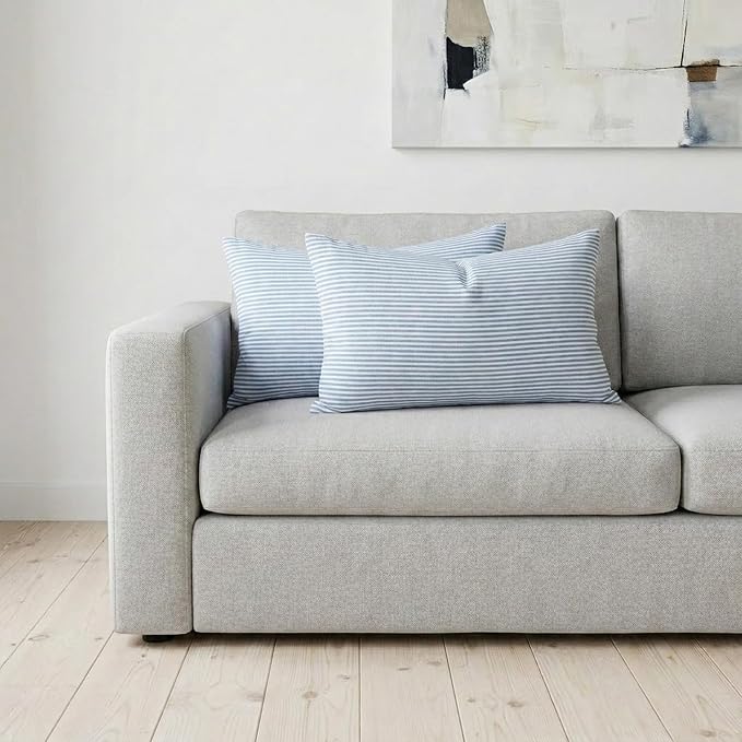 Farmhouse Light Dusty Blue Striped Lumbar Pillow Covers 12x20 Set of 2 | Soft Couch Lumbar Pillow Cover 12 x 20, Blue Aesthetic Room Decor, Outdoor Porch Patio Pillows, Neutral Throw Pillow Covers