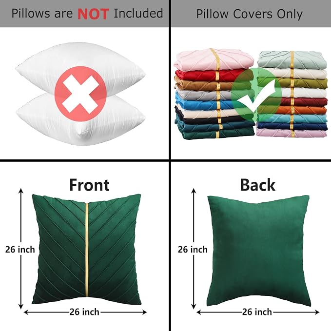 Velvet Throw Pillow Covers 26x26 Pack of 2 Gold Decor Dark Green