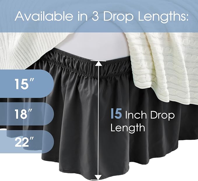 FreshCulture Elastic Wrap Around Bed Skirt - Easy Fit with 15-Inch Tailored Drop, Hotel Quality Dust Ruffle for Full Size Bed (Black)