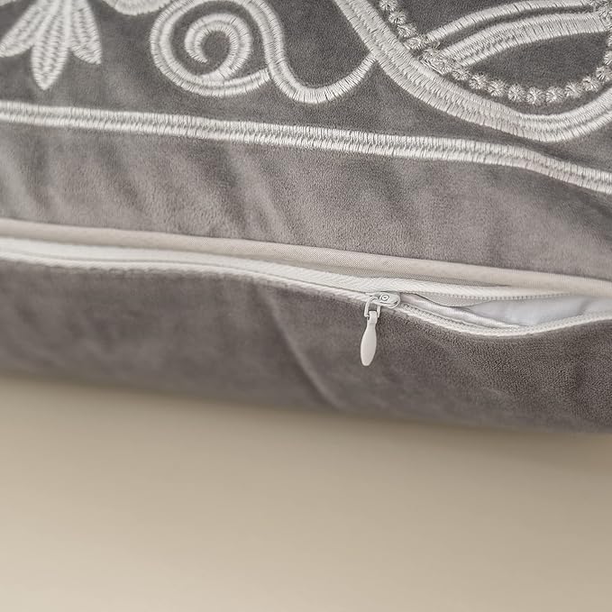 Aeckself European Floral Pillow Cover 18x18 Inch, Luxury Velvet Embroidered Decorative Throw Pillow Cover for Couch Bedroom Living Room, Grey and White