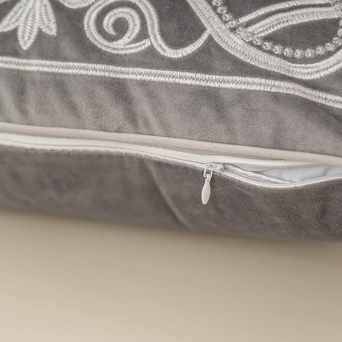 Aeckself European Floral Pillow Cover 20x20 Inch, Luxury Velvet Embroidered Decorative Throw Pillow Cover for Couch Bedroom Living Room, Grey and White