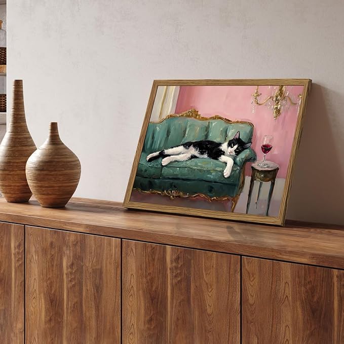 Fun Cat Wall Art Cute Tuxedo Cat With Red Wine Wall Decor Whimsical Animal Cocktail Bar Cart Canvas Poster Quirky Pet Lover Picture Print for Dining Room Living Room Wood Framed 12x16 inch