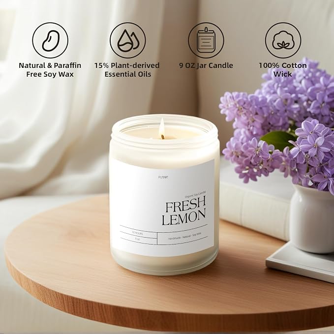 Fresh Lemon Highly Scented Candle for Home, 9oz Non Toxic Soy Candle | Natural Aromatherapy Candles with Essential Oil, Home Fragrance Stress Relief & Meditation Jar Candles Gifts for Women & Men