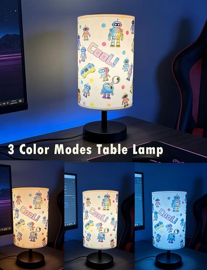 Kids Lamps for Bedrooms Boys, Robot Bedside Lamp , 3 Colors Nightst and Light Lamp, Round Base Flaxen Fabric Desk Lamp for Kids Room, Robot Lamp Gift fo Boys Girls (LED Bulb Included) (Robotic)