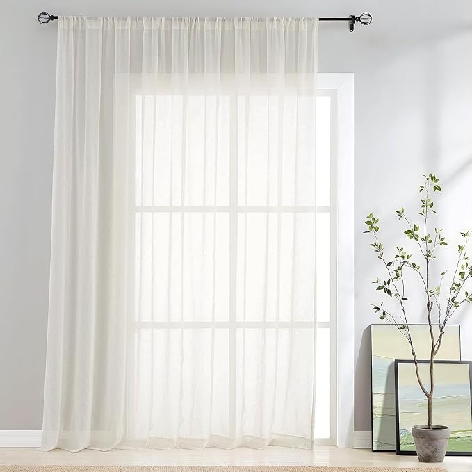 FMFUNCTEX Beige Linen Sheer Curtains,100X108 Inches,Extra Wide, 1 Panel | Semi Sheer Drapes , Sliding Glass Door Window Curtain, Patio Glass Door, for Bedroom Living Room, Rod Pocket, Flax Linen