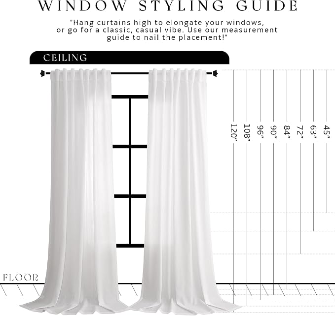 Jowels White Linen Curtains 45 Inch Long 2 Panels for Living Room | Light Filtering Semi Sheer Curtain, Back Tab Pocket Pleated Look, Boho Farmhouse Textured Privacy Drapes for Bedroom Window