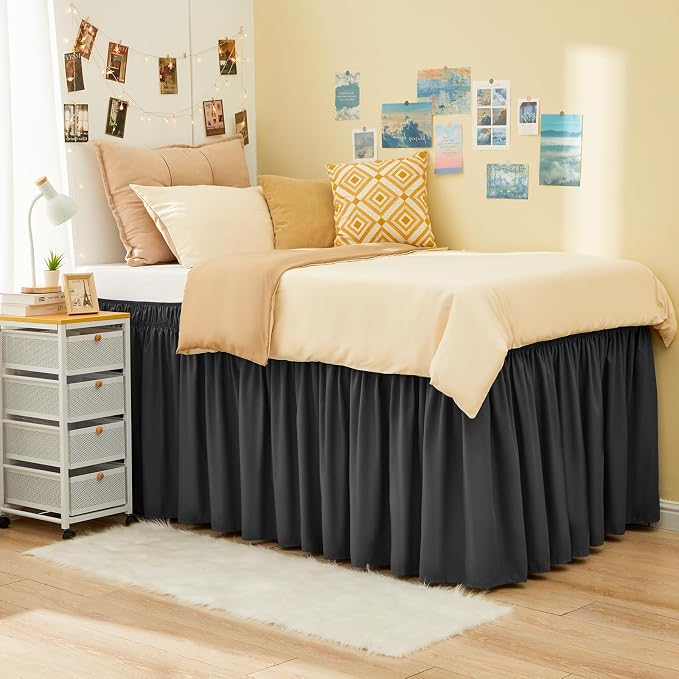 Dorm Bed Skirt Twin XL 32" Drop, College Dorm Room Essentials, Dark Grey | Solid ruffled, Wrap-around/elastic, Wrinkle & Fade resistant, with Adhesive Strips, Gift Packed, Machine Wash/Tumble Dry/Iron