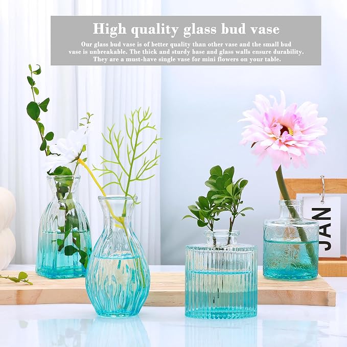Glass Bud Vases Set of 4, Small Blue Flower Vases for Wedding Centerpieces | Clear Vintage Embossed Mini Vases for Table Decoration, Flower Arrangements in Vases for Party or Home Decor