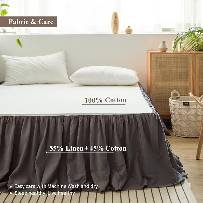 BISELINA French Linen Bed Skirt with Pleated Frills 14-Inch Tailored Drop Natural Flax Cotton Blend Dust Ruffle Soft Cozy Farmhouse Bedding (14" Twin, Ruffle Dark Grey)