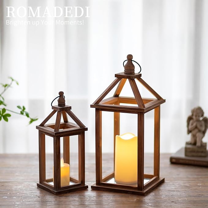 Romadedi Wood Candle Lantern Decorative, Brown, Rustic Decor Set of 2 | Farmhouse Wooden Lanterns, Decorative Candle Holder, Wedding Table Centerpiece, Indoor Outdoor, Fireplace Decorations