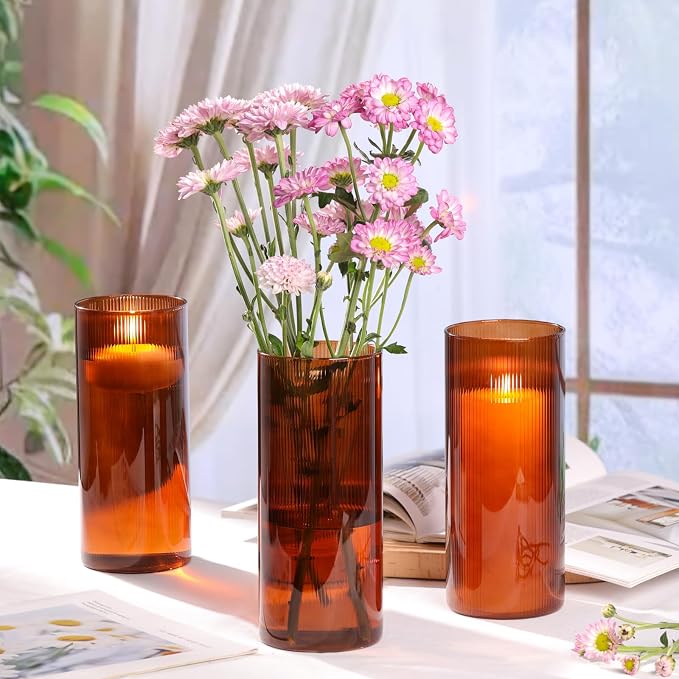 Amber Cylinder Vases, 8 Inch Tall, Amber Ribbed | Flower Vases Hurricane Floating Candle Holder, For Halloween & Fall Table Decor, Floating Candle Glass Vase