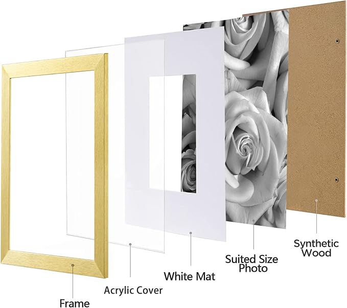 eletecpro Picture Frames Set of 9, 10x10 for 5x5, Acrylic Cover, Gold | Display Photo 5x5 with Mat or 10x10 without, Square Gallery Collage, Wall Mount, Minimalist Home Decor, Engineered Wood