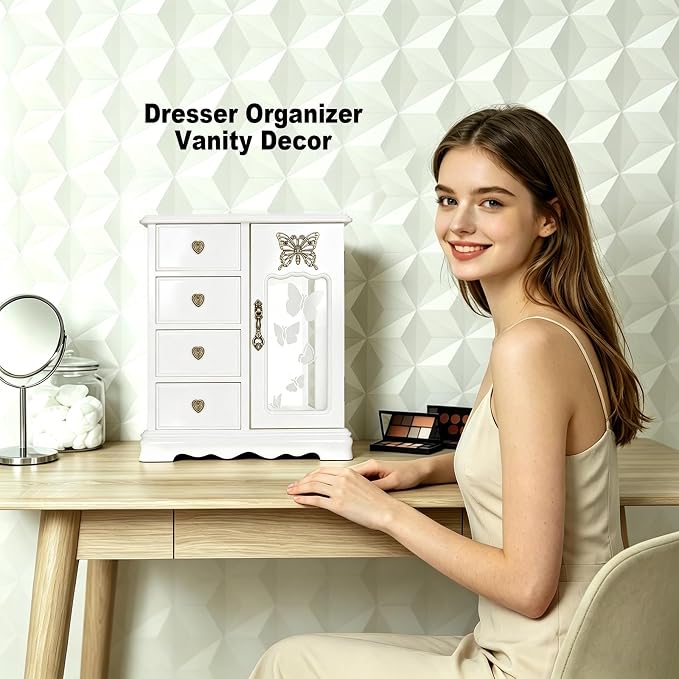RR ROUND RICH DESIGN Solid Wood Jewelry Box for Women White | Vintage Butterfly Glass Door Jewelry Armoire with Mirror, 4 Drawers & Rotating Necklace Carousel