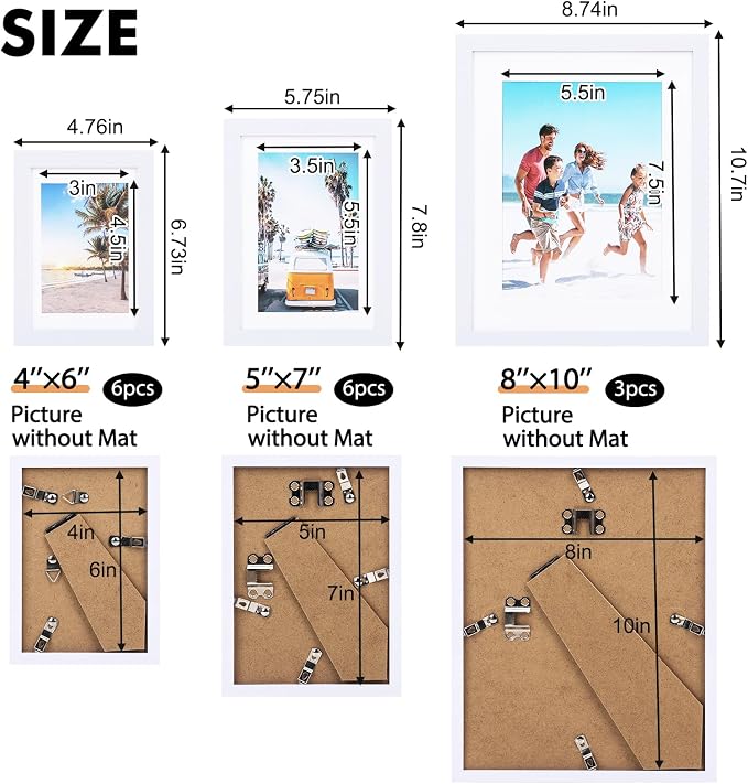 Fixwal Gallery Picture Frames Set, 15 Pack, PVC, White, 8x10, 5x7, 4x6 | Wall or Tabletop Decor, High-definition Plexiglas panels