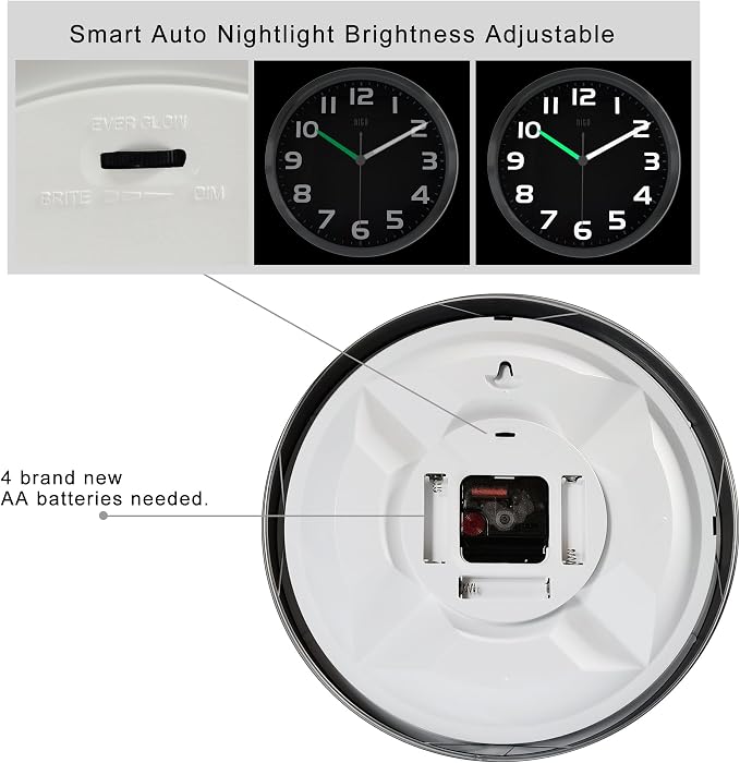 HITO 10 Inch Night Light Wall Clock Battery Operated Brightness Adjustable, Silver Aluminum Frame, Glass Cover(Hands + Numbers Illuminate)