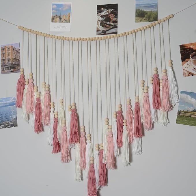 Pink&White Large Macrame Wall Haning Boho Decor,Blush Pink Tassel Wall Decor Bohemian, Pink Bedroom Living Room Girls Room Décor Nursery Dorm Decoration Boho Gift for Girls Woman Gifts