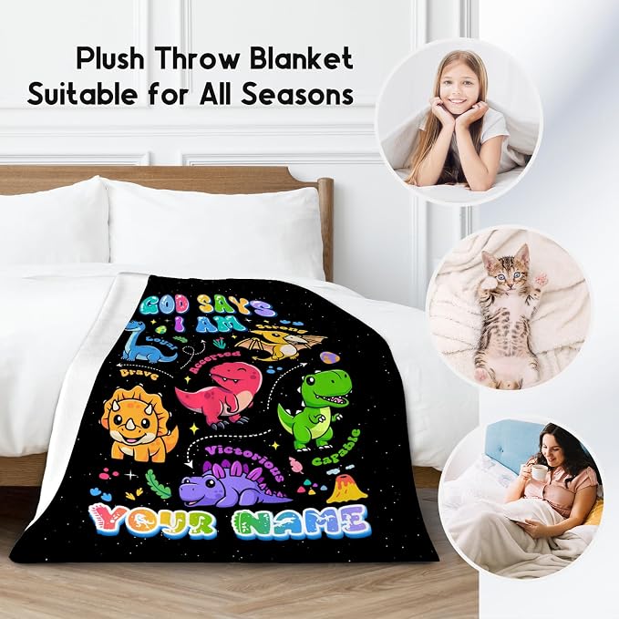 Personalized Dinosaur Blanket with Name, Dinosaur Gifts for Boys Toddler Child, God Says I Am Blanket for Kids, Inspirational Gifts for Son, Soft Kids Throw Blankets for Living Room, 60"x80"