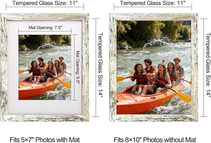 11x14 Picture Frame-Vintage White,8x10 Mat,Tempered Glass,Engineered Wood