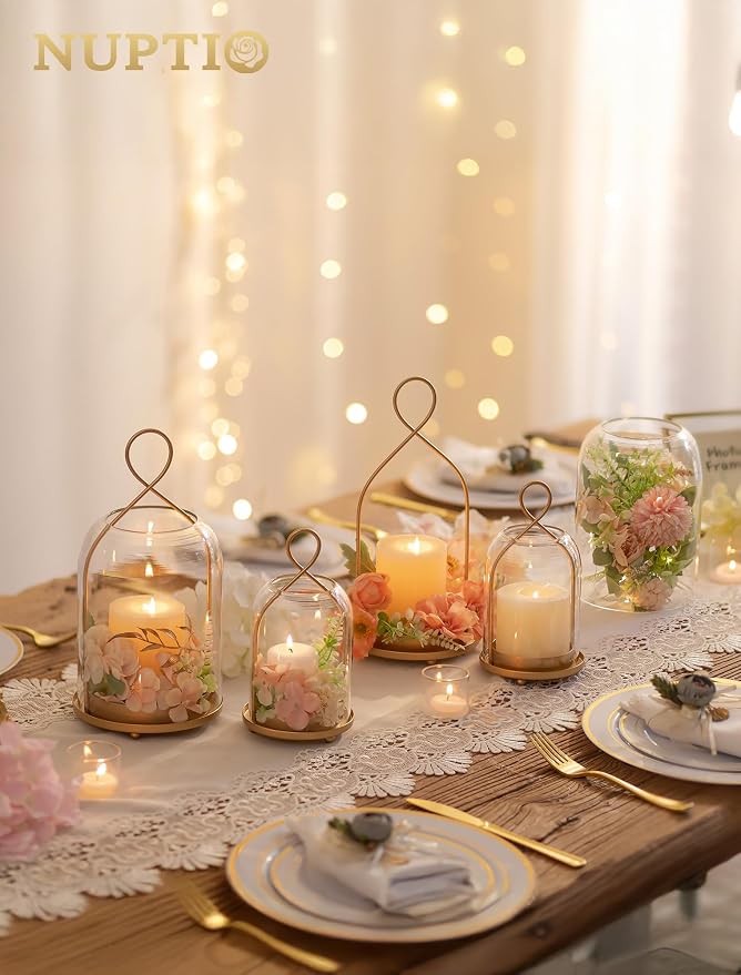 NUPTIO Glass Lanterns Decorative Outdoor, Gold Hurricane Candle Holders | Set of 2 Hanging Lantern for Pillar Candles, Table Centerpiece for Home Thanksgiving Christmas Party