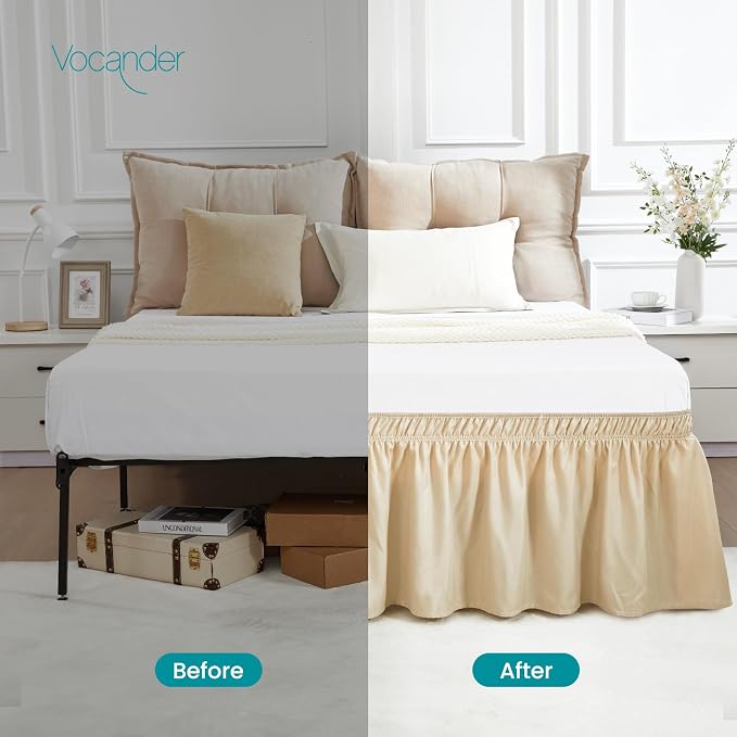 Light Beige Queen Bed Skirt 14 Inch Drop, Elastic Wrap Dust Ruffle | Hides Underbed Storage, No Mattress Lifting, Elastic Stays Put, Soft Fabric, Machine Washable, Polished Look