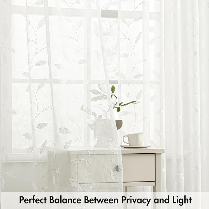 MIULEE Ivory Sheer Curtains 2 Panels Embroidered Leaf Patterned, W52 x L84 | Embroidered Floral Semi Sheer,Rod Pocket,Faux Linen,Short Window Curtains Drapes Set for Kitchen/Bathroom/Cafe