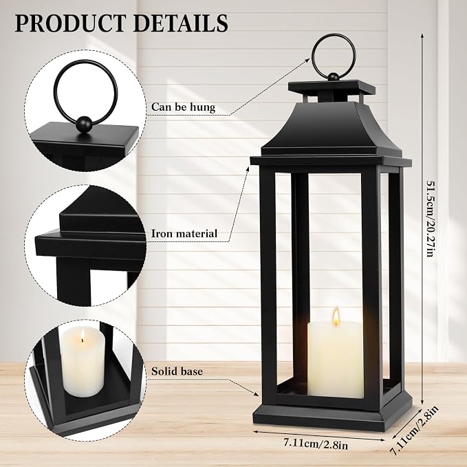 Modern Farmhouse Black Lantern Candle Holder – 18” Hanging Decorative Lantern for Indoor & Outdoor Home Décor – Ideal for Parties, Weddings, Porches, and Events (No Glass Panel), Size Medium