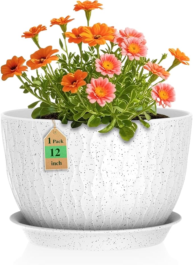 WSMKSZ 12 Inch Wide Water Ripples Flower Pots for Indoor or Outdoor Plants, Large Plant Pots with Drainage Holes & Saucer, Plastic Planters Set for Garden & Home Decor (White with Black Speckles)