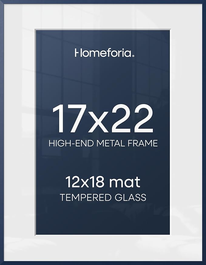 Homeforia 17x22 Blue Picture Frame, High-End Metal, 12x18 Mat, Glass