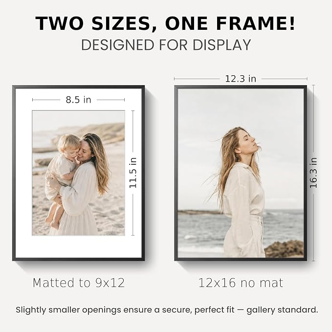 12x16 Picture Frame Black, Aluminum Metal 12 x 16 Frame with Removable Mat, 12 by 16 Black Photo Frame Matted to 9x12 Photo, Real Tempered Glass for Home and Office Gallery Wall, 1 Pack