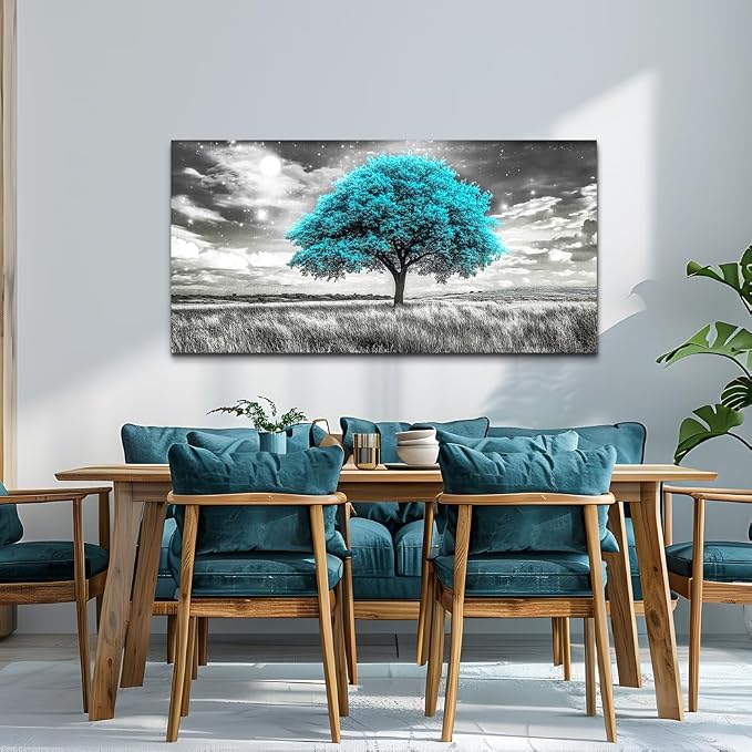 KELIYUAN Modern Canvas Print Wall Art Blue Tree Painting Full Of Stars Black And White Art pictures Natural Landscape Wall Decoration Suitable For Living Room Bedroom Office Framed Stretch 20x40 In