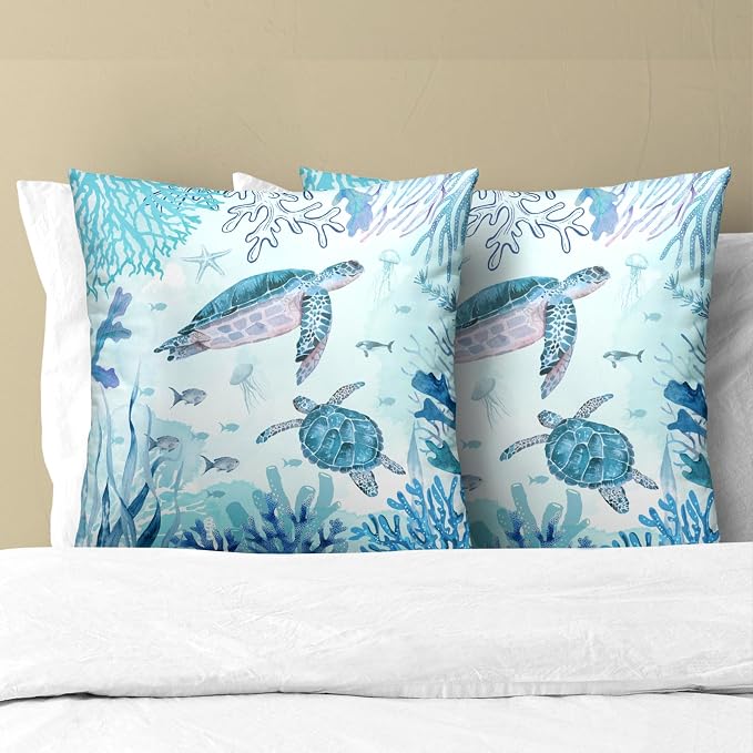 Set of 2 Sea Turtle Throw Pillow Cover 18x18 inch Nautical Coastal Ocean Coral Decorative Pillowcase Underwater Tropical Ocean Teal Blue Summer Cushion Covers for Home Couch Sofa