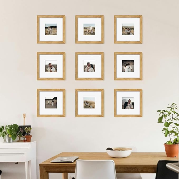 YESKAY 8x8 Picture Frame Set of 9, Photo Gallery Wall Frame Set, Display Pictures 4x4 with Mat or 8 x 8 Without Mat, Square Frame Picture Frames Collage Wall Decor, Natural Oak